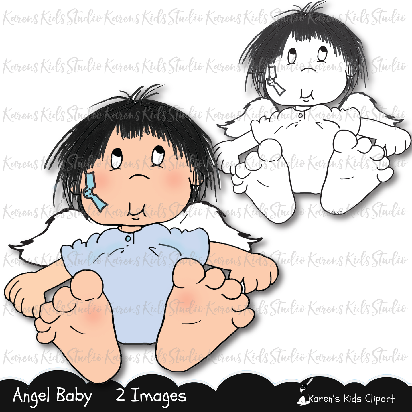 This little angel has looks a bit mischievous.&nbsp;  Little angle with blue onesie, wings and blue bandaid. Black line drawing of same image.