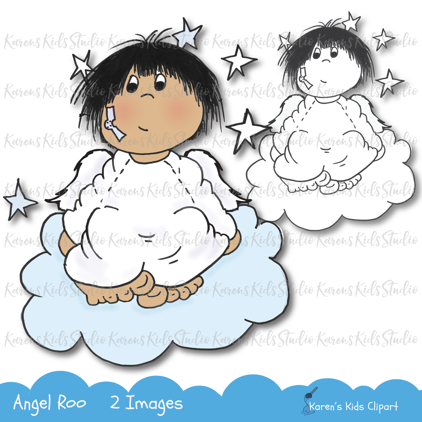 A little mischievous, a little innocent, and always&nbsp;huggable.&nbsp; Spice up your projects with Angel Roo Digital Stamp. White angel-robe, wings, sitting on light blue cloud. Black line drawing of same image.