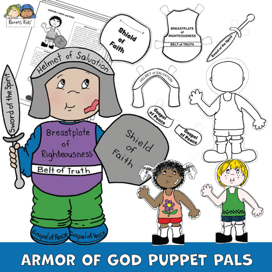 A picture shows Armor of God puppet cutouts in black and white and a larger puppet sample already colored and dressed in armor that has been colored as well. 2 smaller puppet samples  show  puppets that are colored with clothes waiting for their armor.