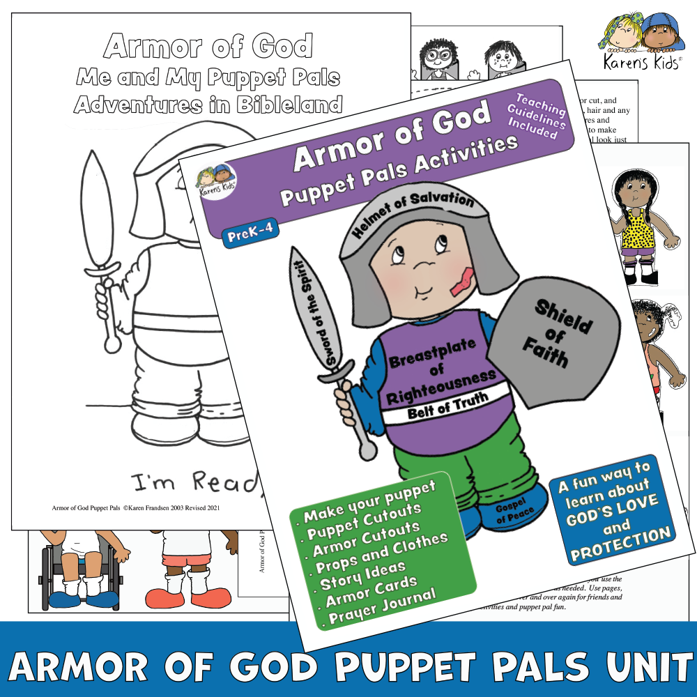 Armor of God lessons and make-your-own-puppet cut-outs.  Colorful cover  showing puppet and the words MAKE YOUR OWN PUPPET, PUPPET CUTOUTS, ARMOR CUTOUTS, PROPS, STORY IDEAS and more.
