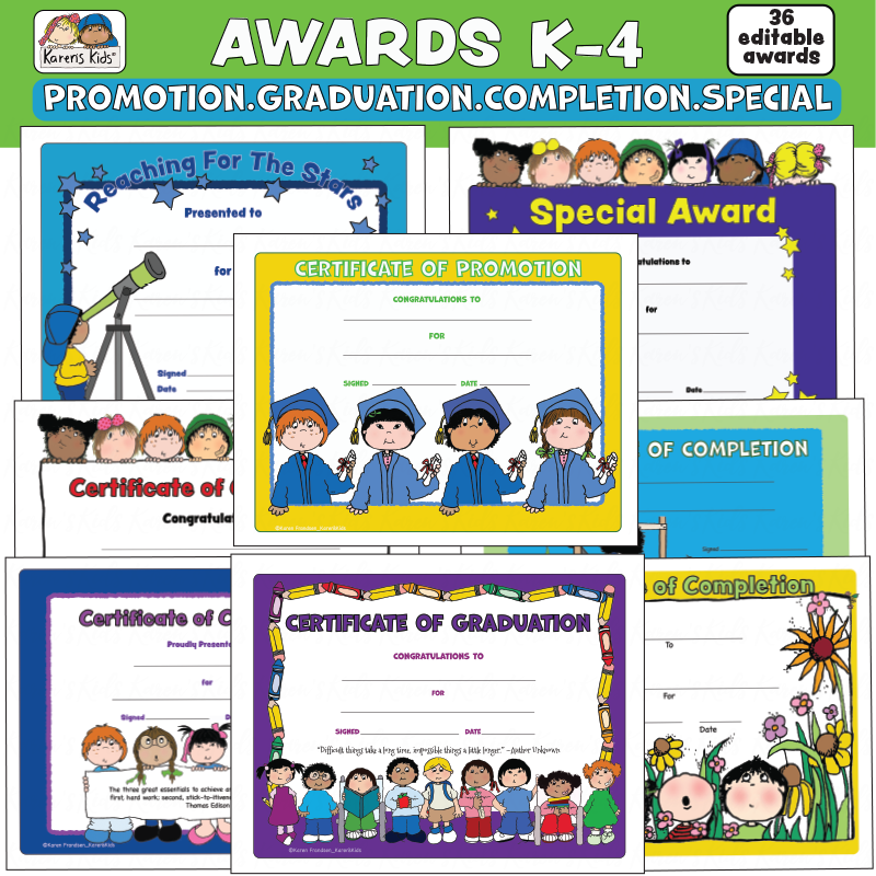 Title on image reads AWARDS K-4, 36 editable awards. PROMOTION, GRADUATION, COMPLETION, SPECIAL AWARDS. 8 full color awards with cute designs showing kids, graduates, school kids and more.