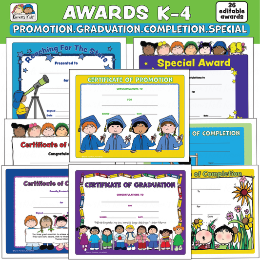 Title on image reads AWARDS K-4, 36 editable awards. PROMOTION, GRADUATION, COMPLETION, SPECIAL AWARDS. 8 full color awards with cute designs showing kids, graduates, school kids and more.