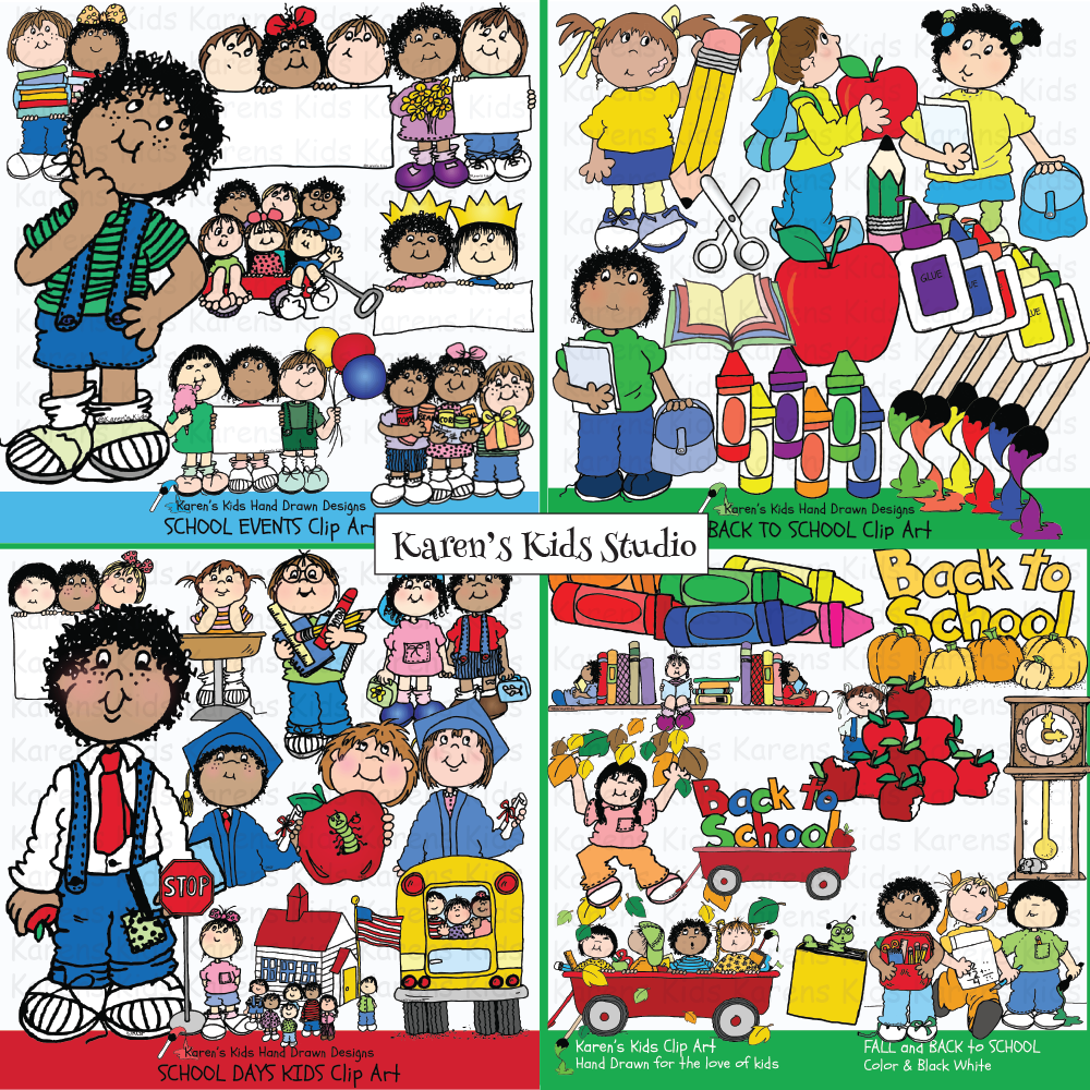 Colorful back to school illustration samples with school supplies, a school bus, and children.