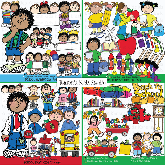Colorful back to school illustration samples with school supplies, a school bus, and children.