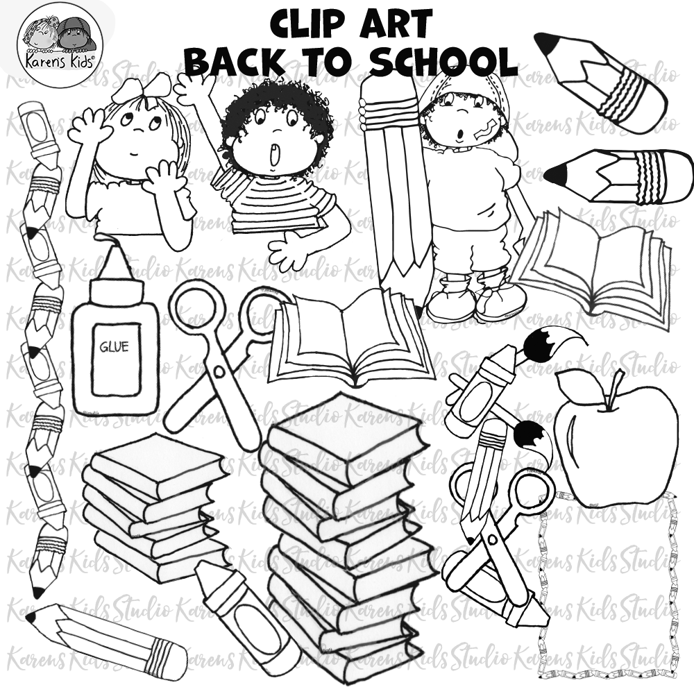 Back to school clipart with crayons, glue bottles, books, apples and kids holding apples, pencils and more. Color and black/white