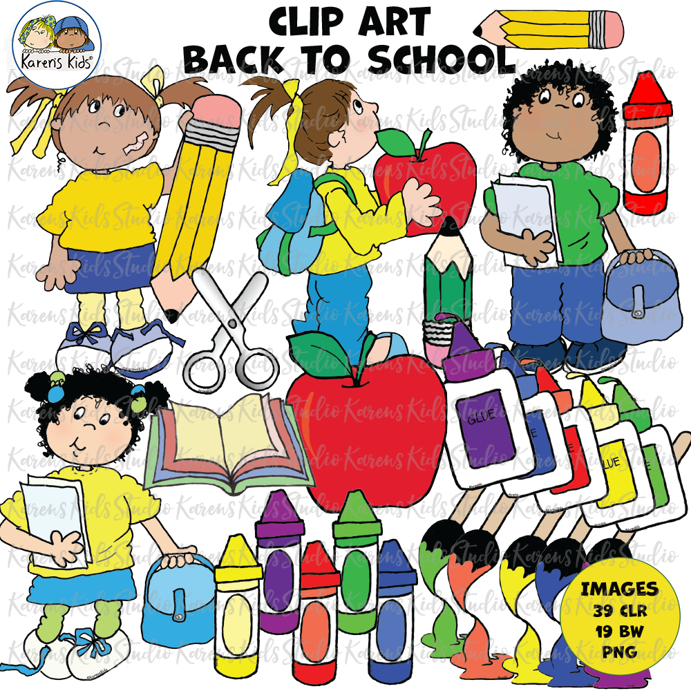 Back to school clipart with crayons, glue bottles, books, apples and kids holding apples, pencils and more. Color and black/white