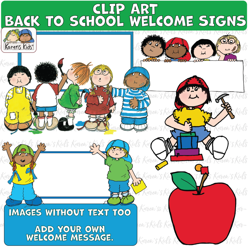 Samples of Welcome Back to School clipart signs that you can fill in with your message.