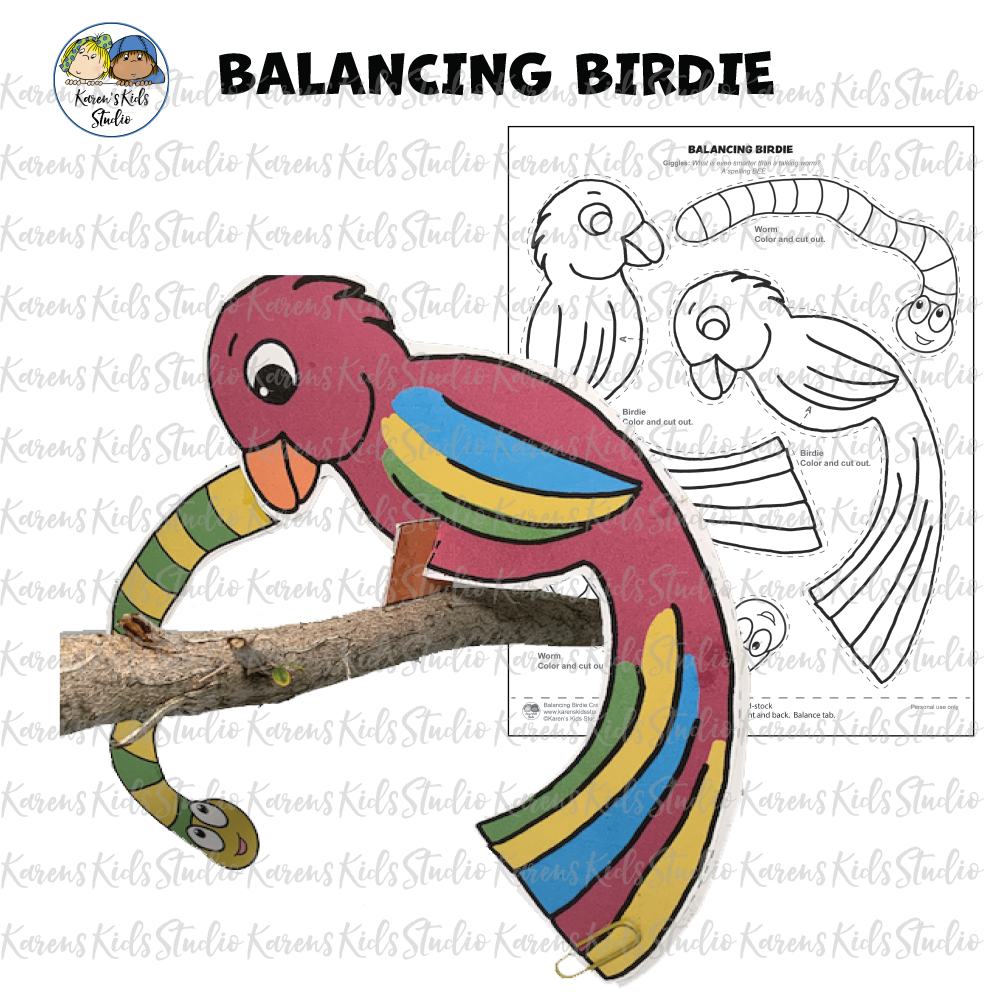Picture  title reads BALANCING BIRDIE. A colorful parrot with a worm in its mouth is balanced on a twig. A picture of a worksheet template showing patterns kids can cut out with a parrot, and worm.