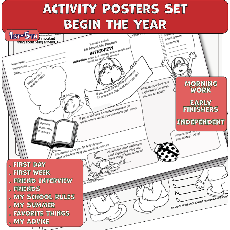 Personal activity poster about the first day of school, meeting new friends and the coming year. 