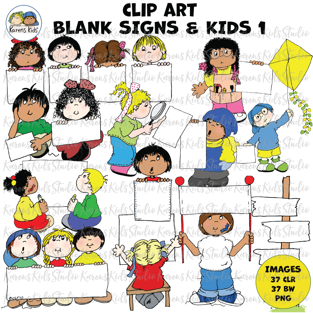 Blank signs clipart, signs with kids and groups of kids in full color and black and white.