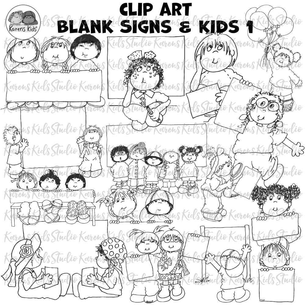 Blank signs clipart, signs with kids and groups of kids in full color and black and white.