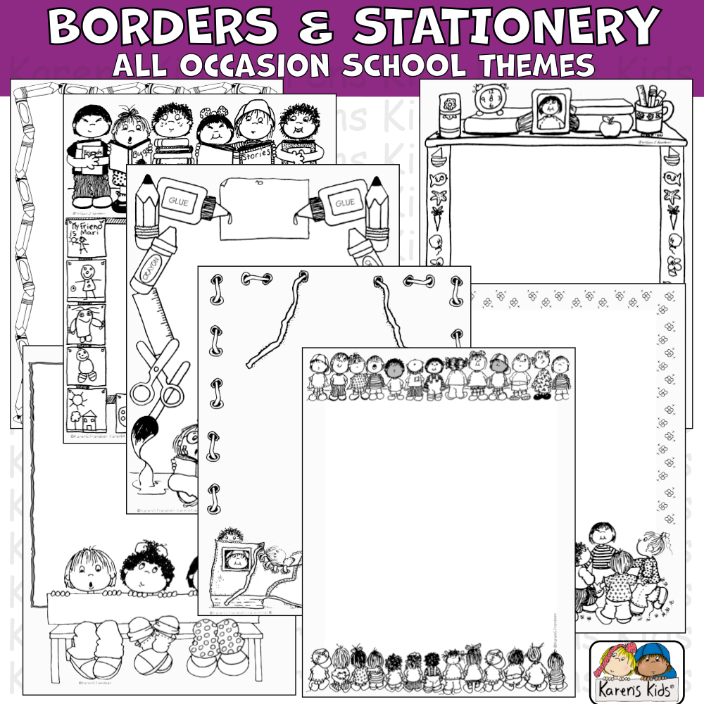 Borders and stationery clipart for all occasions and school in color and black and white.