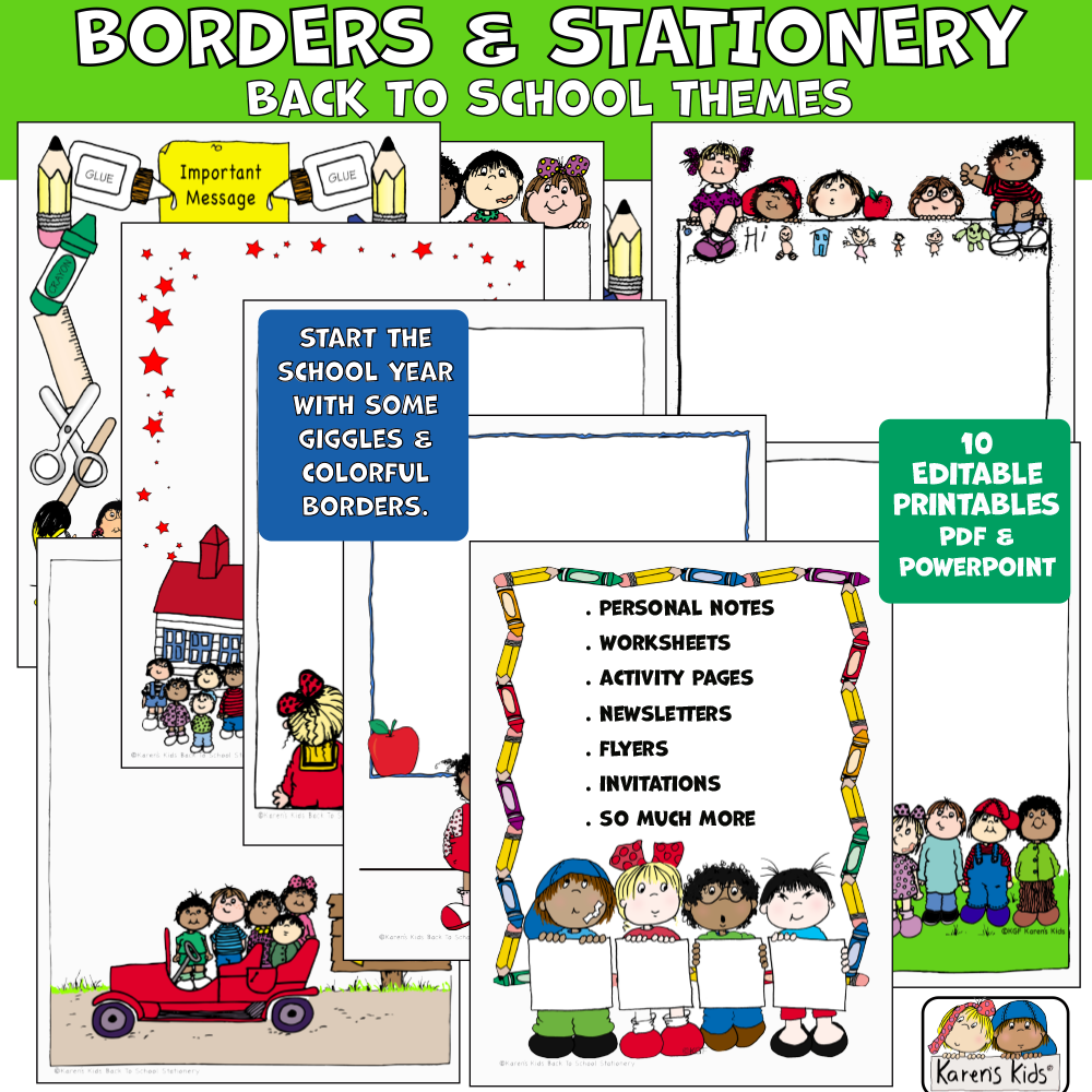 Colorful borders and stationary for back to school and more.
