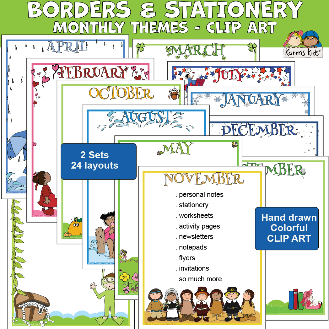 BORDER STATIONERY Clipart Monthly Themes (Karen's Kids Clipart)