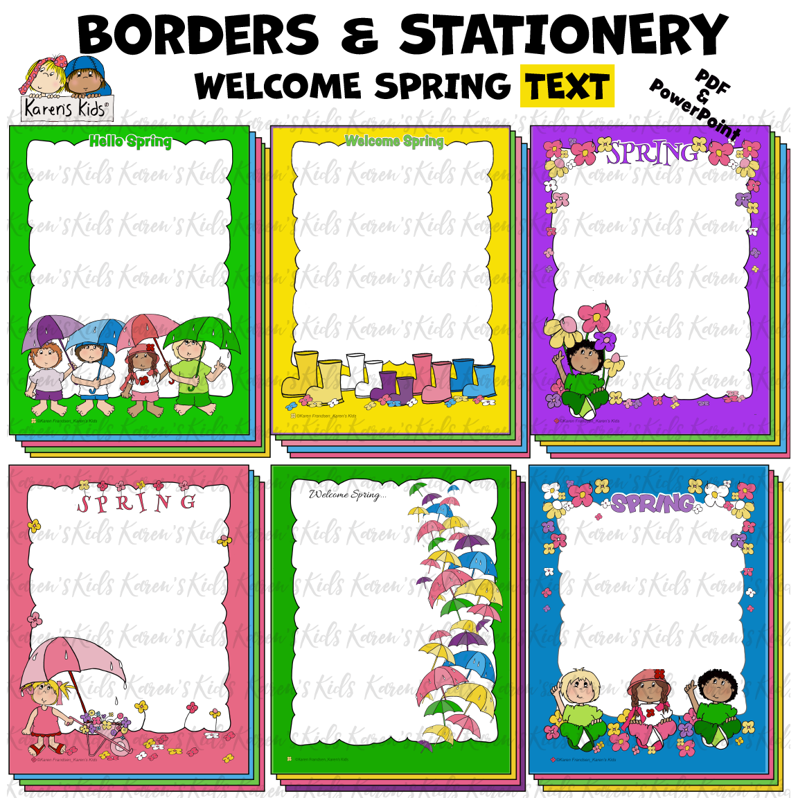 Borders and stationery with fun, colorful spring themes.