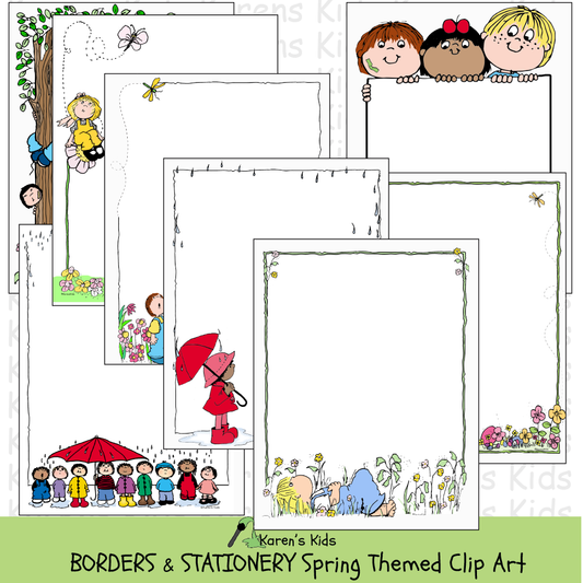 Samples of colorful, clipart Spring BORDERS and stationery (Karen's Kids Clipart)
