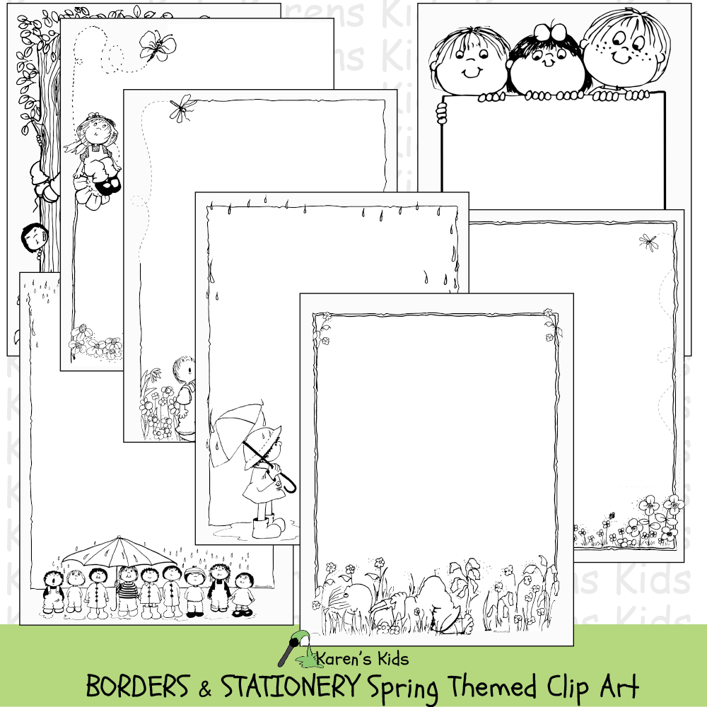 Samples of black and white, clipart Spring BORDERS and stationery (Karen's Kids Clipart)