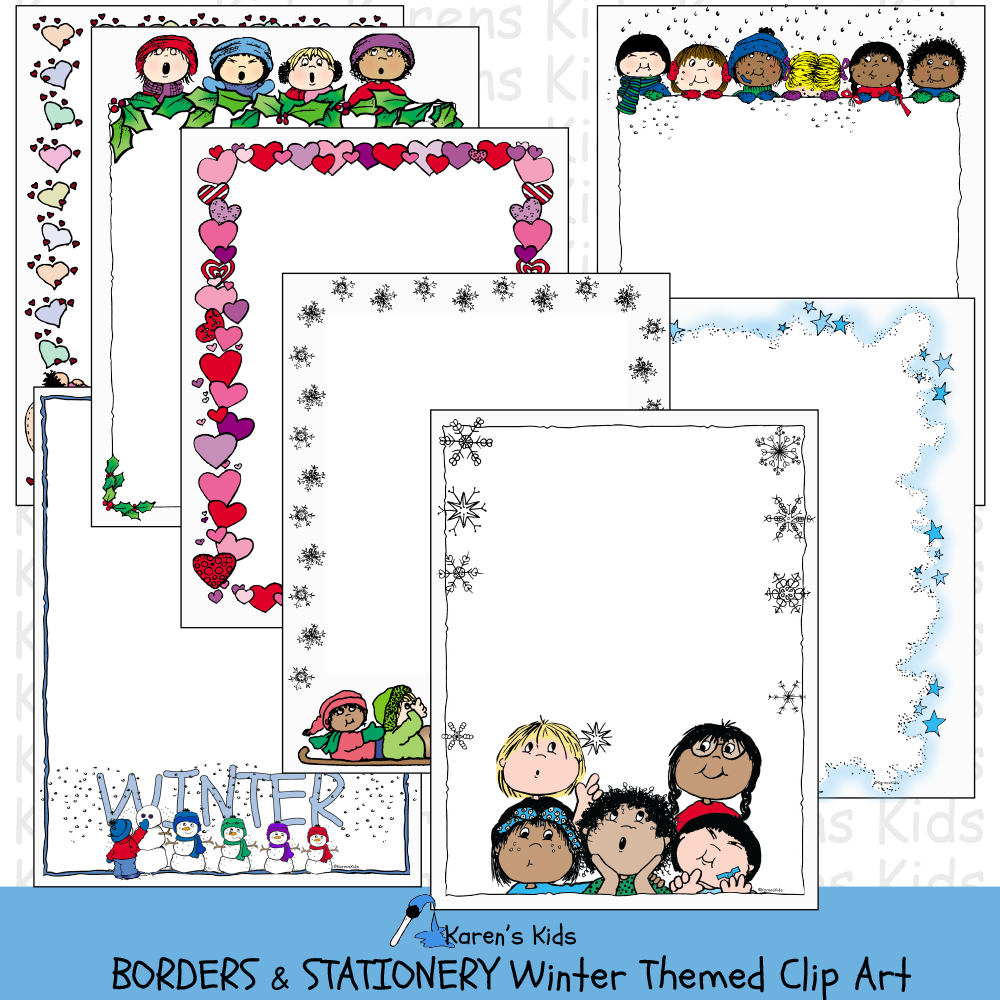 Samples of Winter themed clip art borders; snowflakes, Christmas carolers, snowmen and lots more.