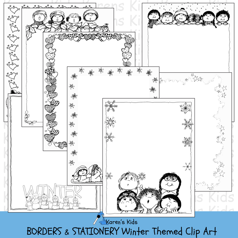 Black and white samples of winter themed borders featuring snowflakes, snowmen, and smiling kids.