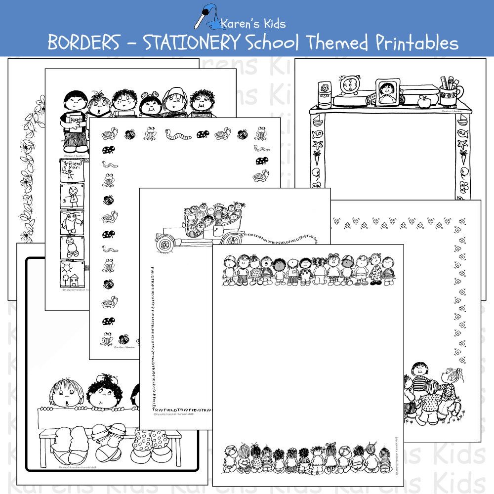 Samples of black, white BORDERS; All Occasion School Themed Borders (Karen's Kids Editable Printables)