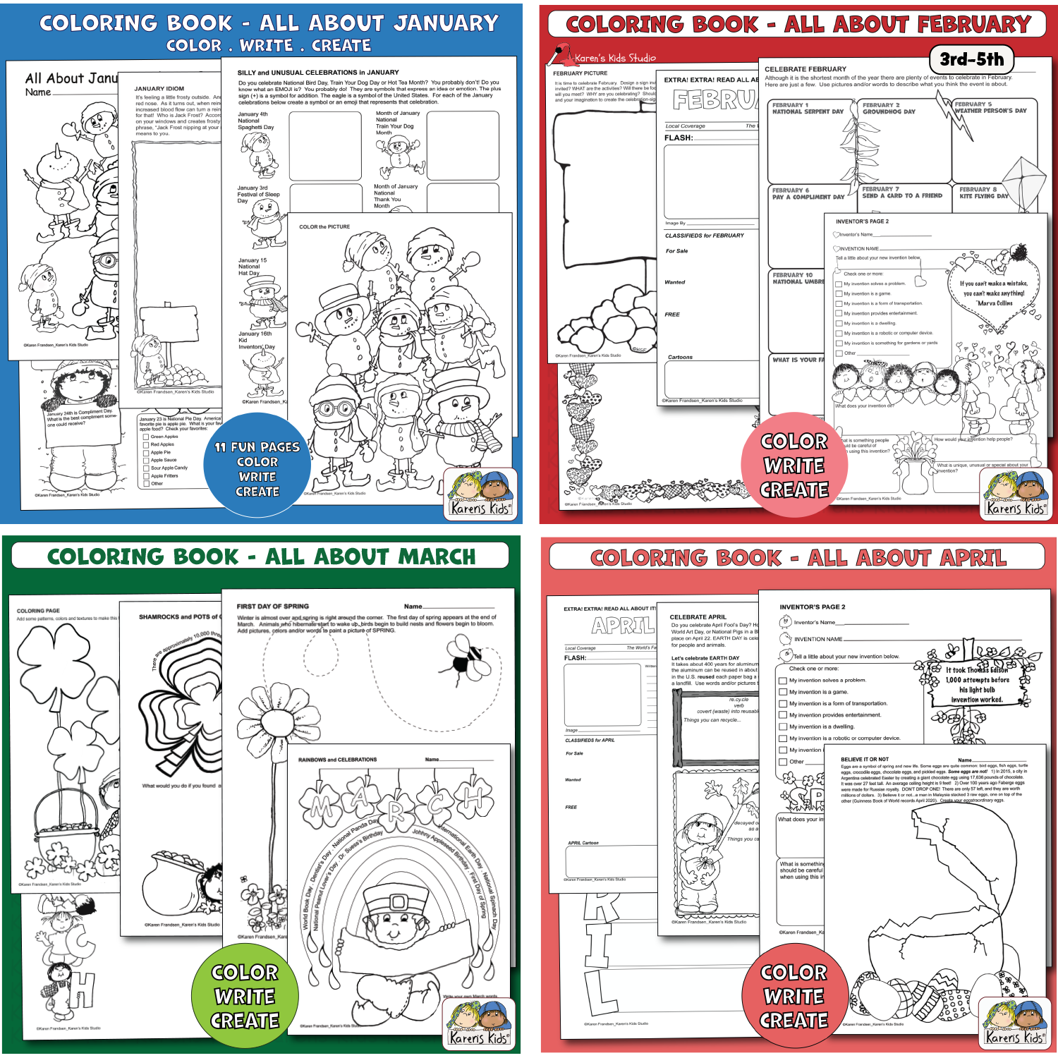  An image showing 5 black and white printable worksheets to color about January. 5  color and activity pages about February, 5 sample pages for March and 5 for April.