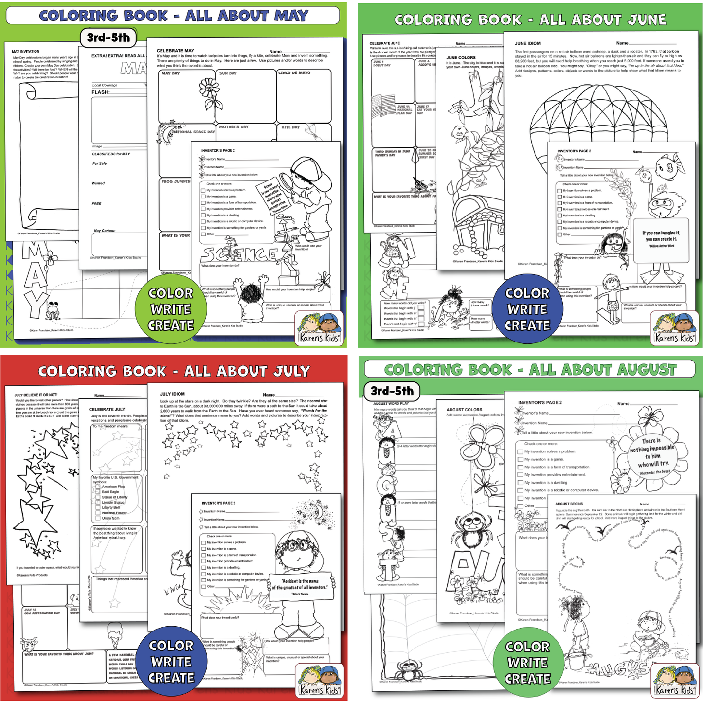 5 back and white sample pages showing worksheets for May. 5 back and white sample pages showing worksheets for June. 5 back and white sample pages  showing worksheets for  July and 5 more for August.