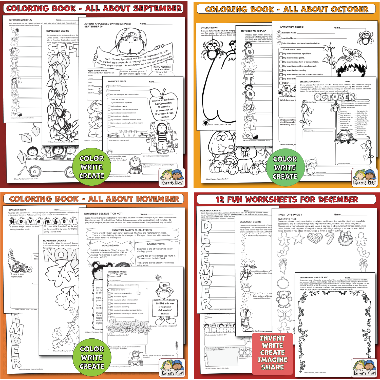 5 back and white sample pages  showing worksheets for September. 5 back and white sample pages  showing worksheets for October. 5 back and white sample pages  showing worksheets for November. 5 back and white sample pages  showing worksheets for December.