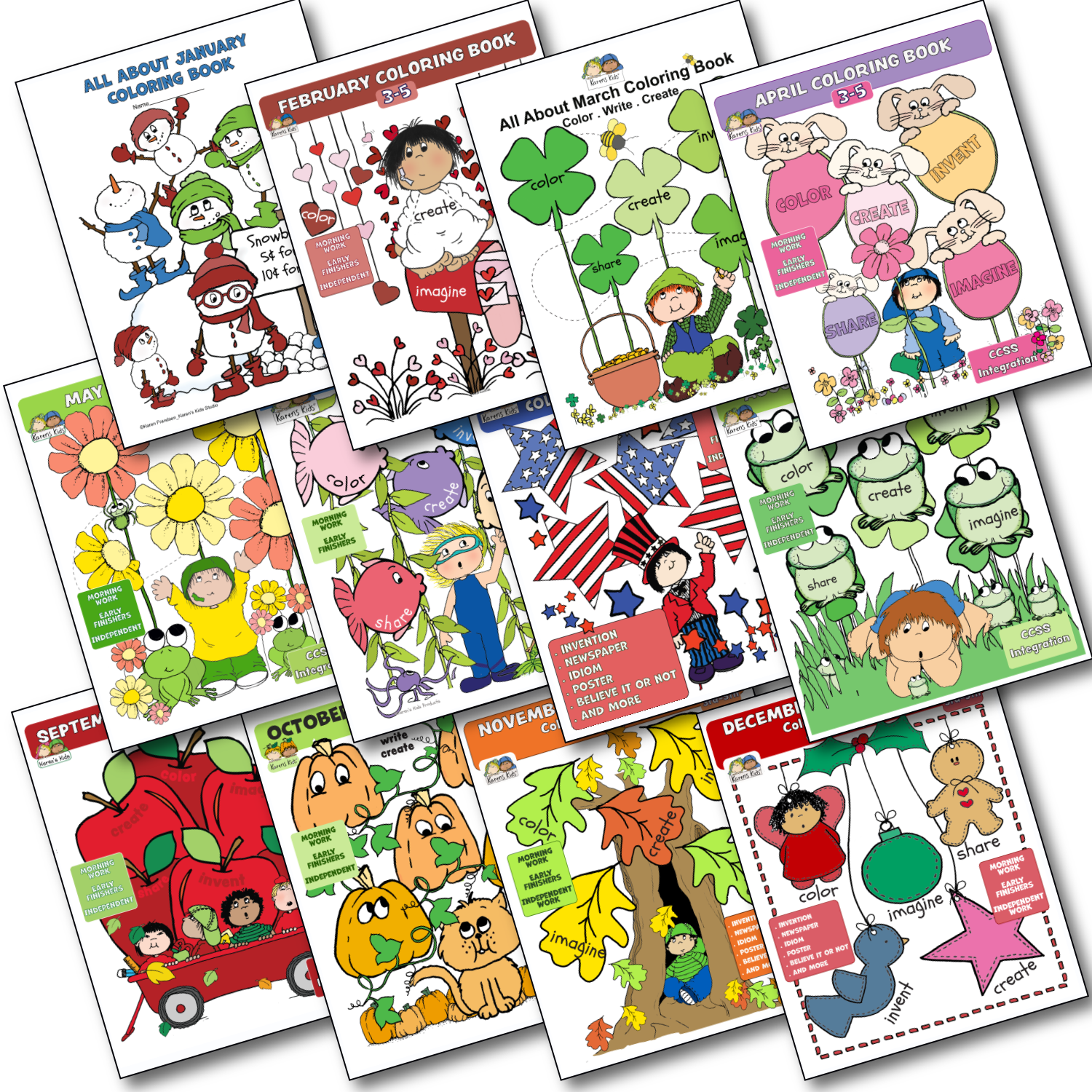 12 different colorful covers of color-activity books, one for each month of the year. January snowmen, February hearts, March Leprechauns and more. 