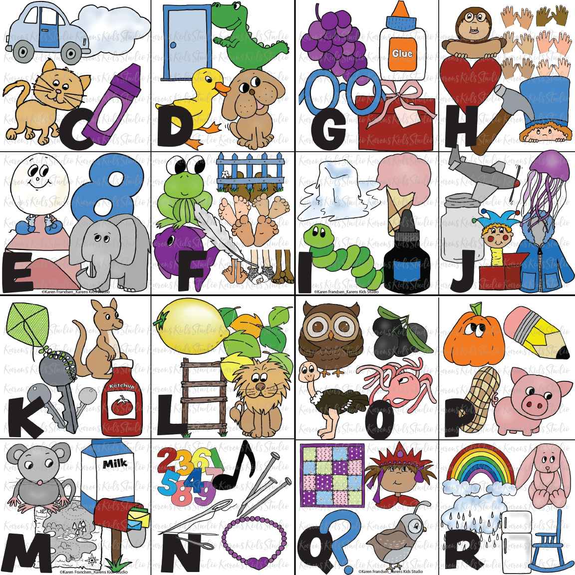 16 boxes each with a black letter and 4 colorful clipart pictures that begin with that letter. The letter C has a cat, crayon, cloud, car. D has dinosaur, door, dog, duck. G: glasses, grapes, glue, gift and more. 