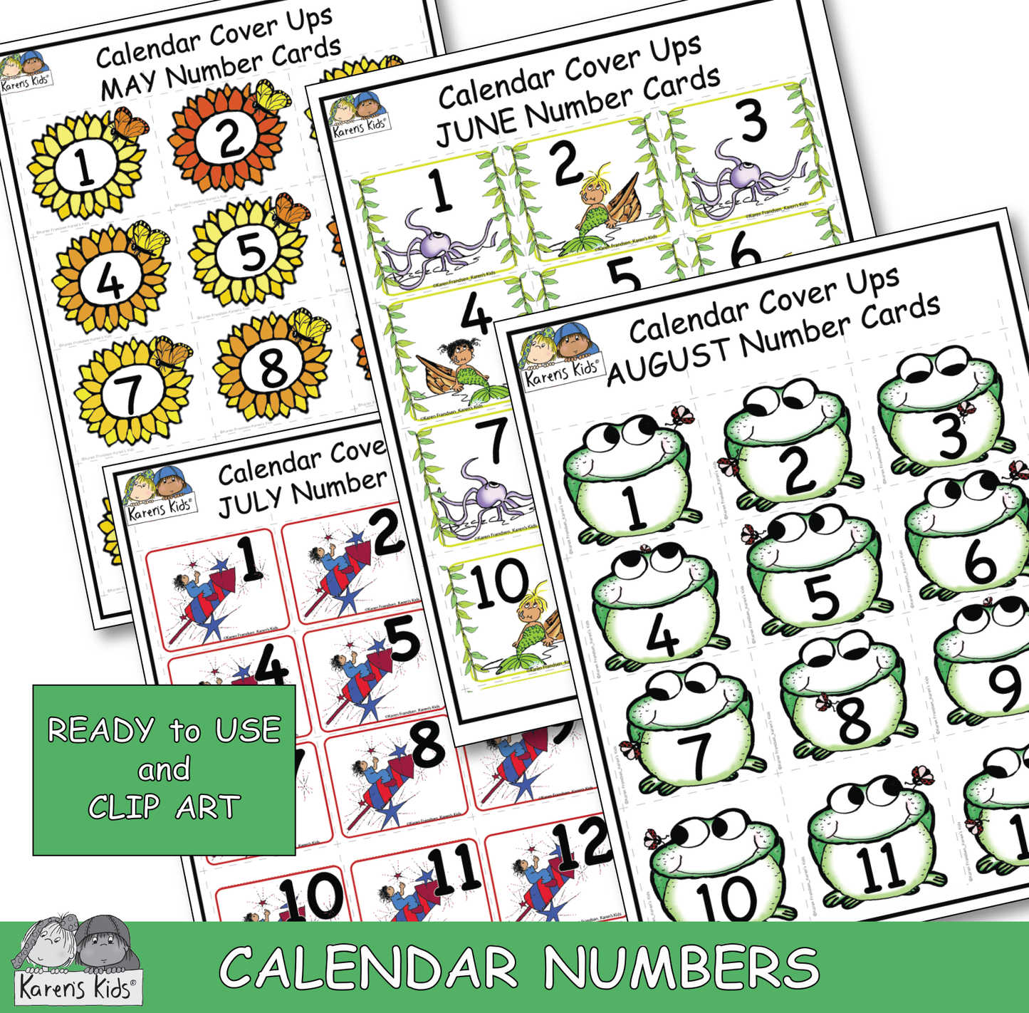 Calendar number card samples for May, June, July, August. Clip art and Ready to Use.