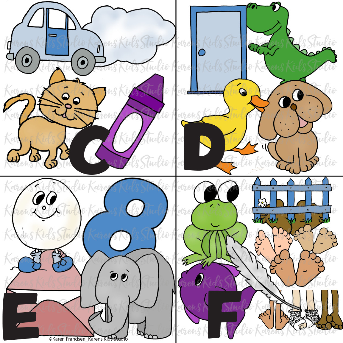 4 boxes each with a black letter; C, D, E, F and large color pictures that begin with that letter. C cat, car, cloud, crayon. D duck, dinosaur, dog, door. E egg, eight, elephant, envelope.  F frog, fence, feet, fish.