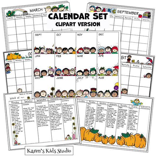 Title reads CALENDAR SET, Clipart Version, 7 sample pages, 4colorful monthly pages, on annual page with rows of multicultural kids in each month. 2 weekly pages with colorful monthly themes.