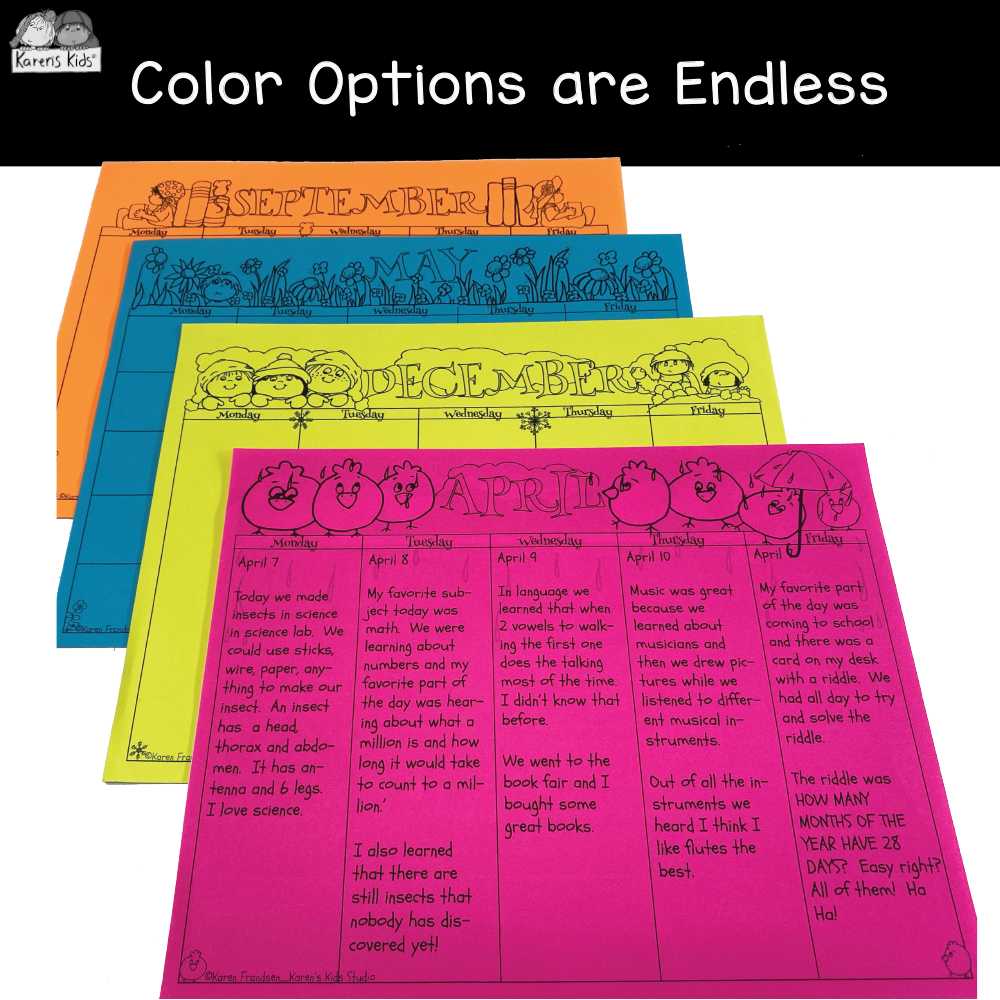4 samples of black and white calendars printed on brightly colored paper.