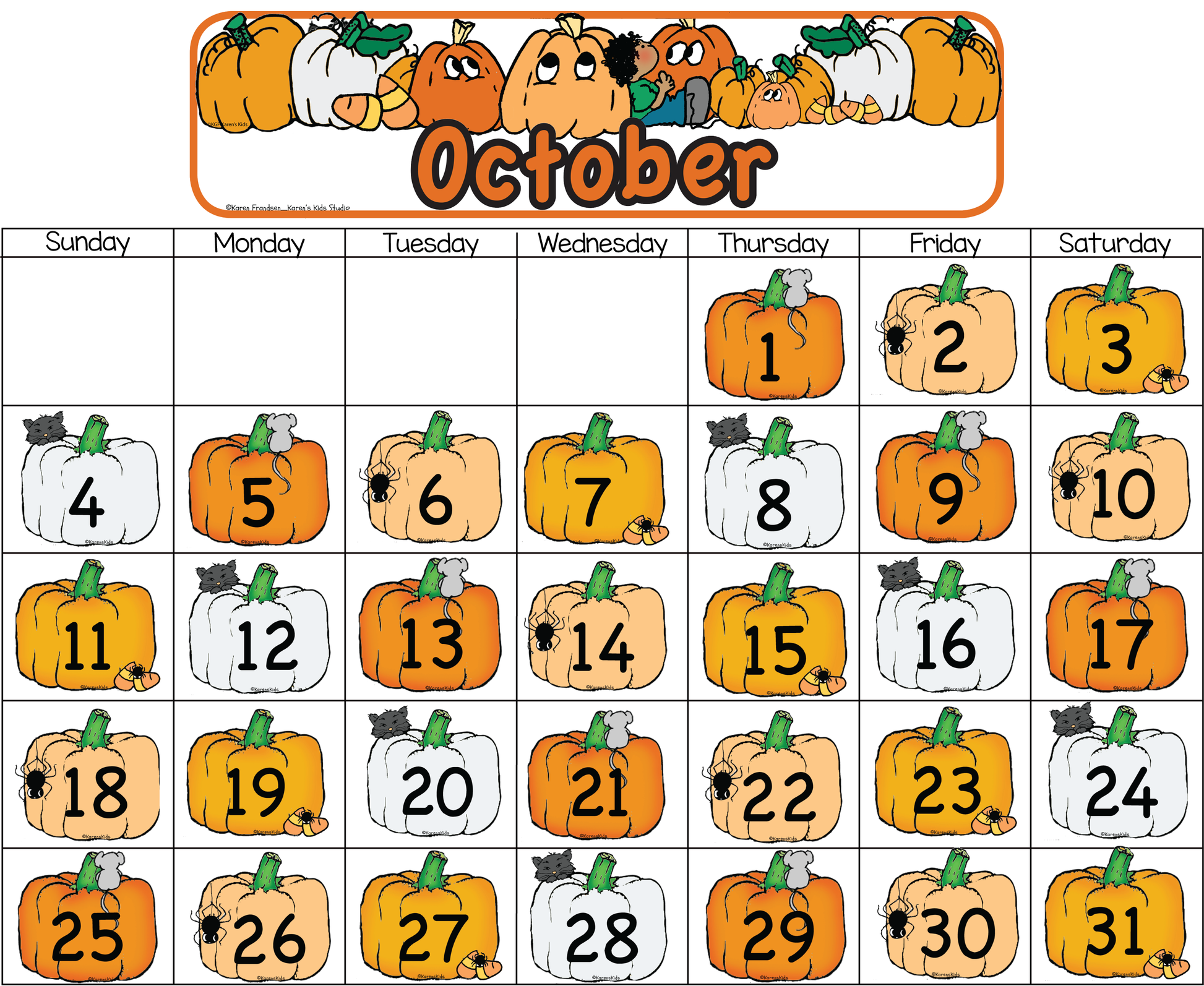 The image shows an October calendar with a header decorated with cute pumpkins and October in large letters. Days of the week are listed in a row and pumpkins, each with a number fit inside the daily boxes beginning with Thursday.  Pumpkins are different shades of oranges and white.