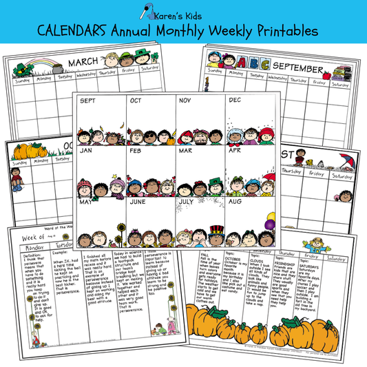 Title of image says CALENDARS, Annual, Monthly, Weekly printables. 7 colorful calendars with pictures representing the month.  March has kids with green hats, clovers, September has kids, apple, books, A,B,C. The annual calendar has  3 kids on the bottom of each month. Two weekly calendars. October has pumpkins.
