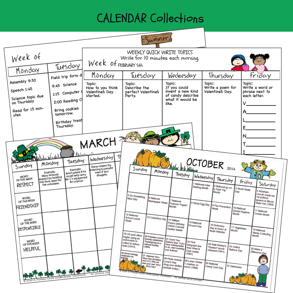 CALENDAR samples; weekly journal examples, annual events calendar (Karen's Kids Editable Printables)