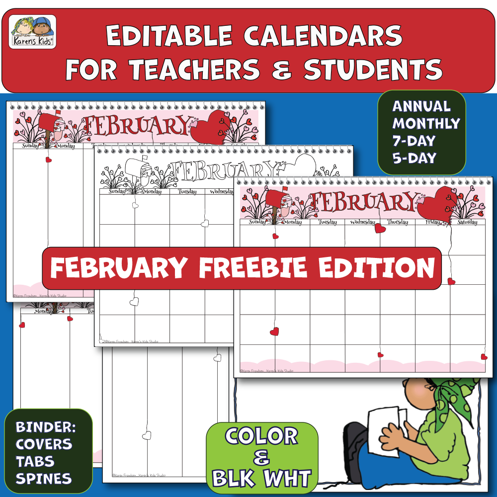 Samples of February Freebie calendar in color and black and white.