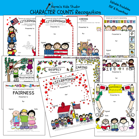 Samples of colorful Character awards and recognition for: citizenship, fairness, responsibility, trustworthiness and more.
