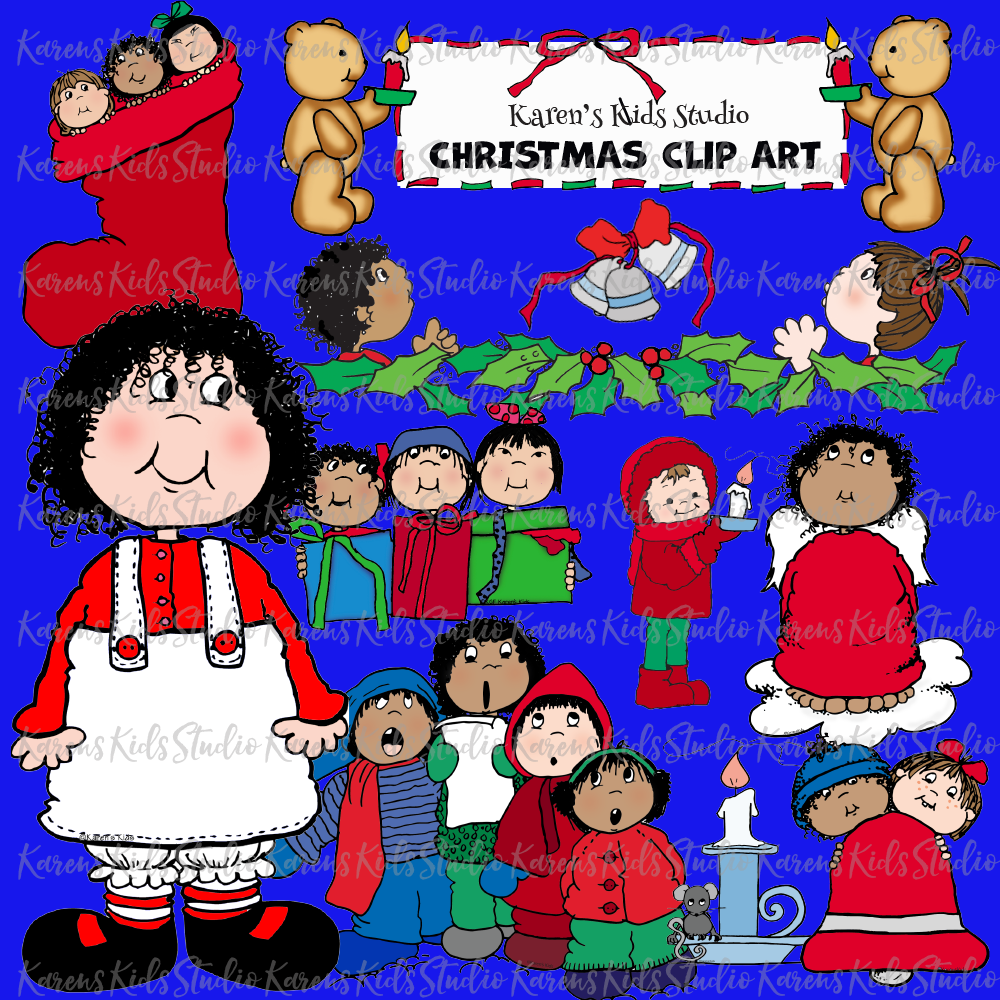 Full color Christmas clipart with PNG background over blue page