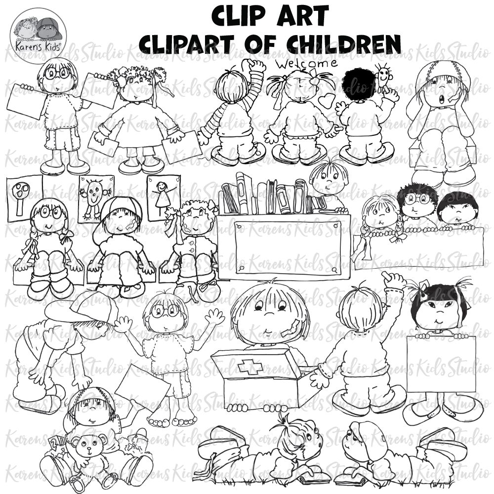 School kids clip art with kids playing, learning, watching, reading and more. Full color and black and white images