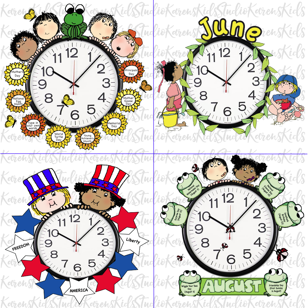 Samples of 4 colorful Clock Hugger, bulletin board sets; May, June, July, August (Printable and Clip Art Sets)