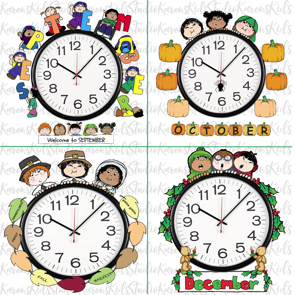 Samples of 4 colorful Clock Hugger, bulletin board sets; September, October, November, December (Printable and Clip Art Sets)