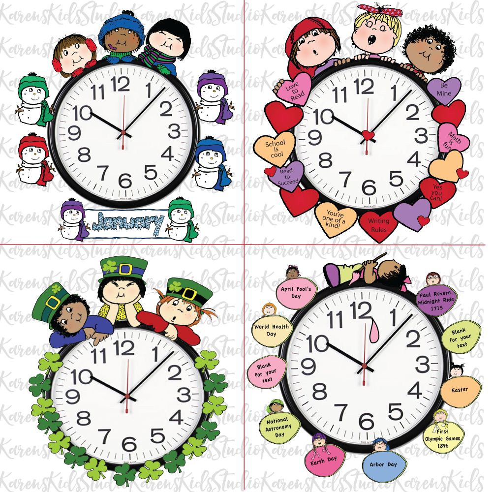 Samples of 4 colorful Clock Hugger, bulletin board sets; January, February, March, April (Printable and Clip Art Sets)