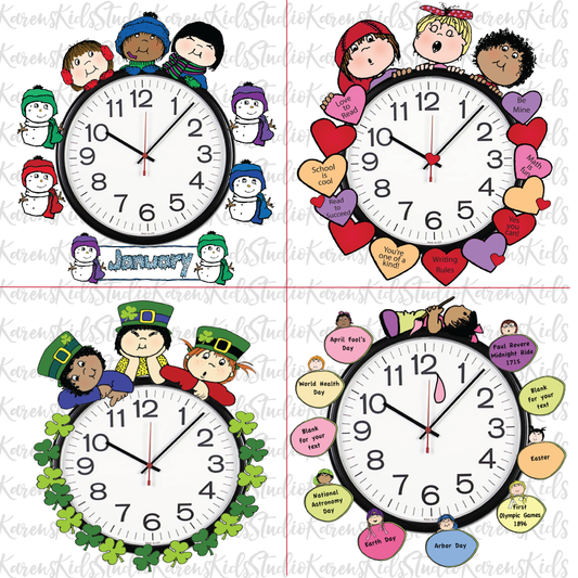 Samples of 4 colorful Clock Hugger, bulletin board sets; January, February, March, April (Printable and Clip Art Sets)