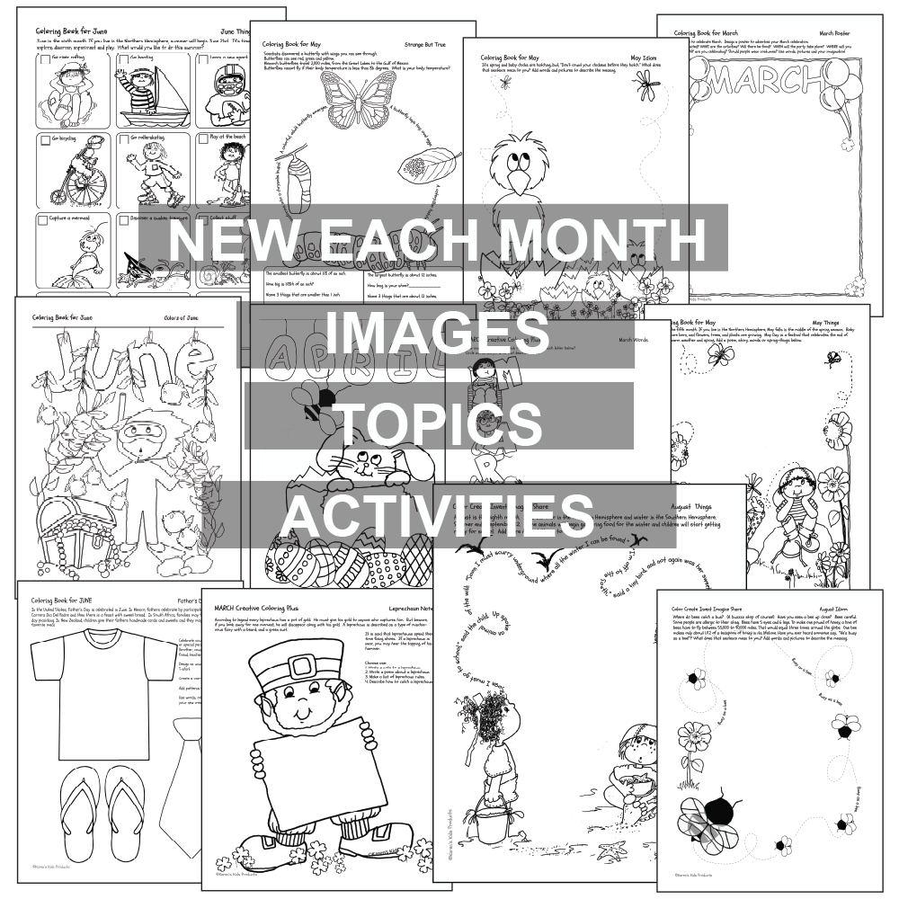 Samples of black and white activity worksheets about August for kids to color.