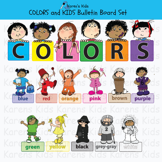 Samples of images in this COLORS BULLETIN BOARD set; kids dressed in one color standing on a label with the color name, bulletin board header, mixing color samples.