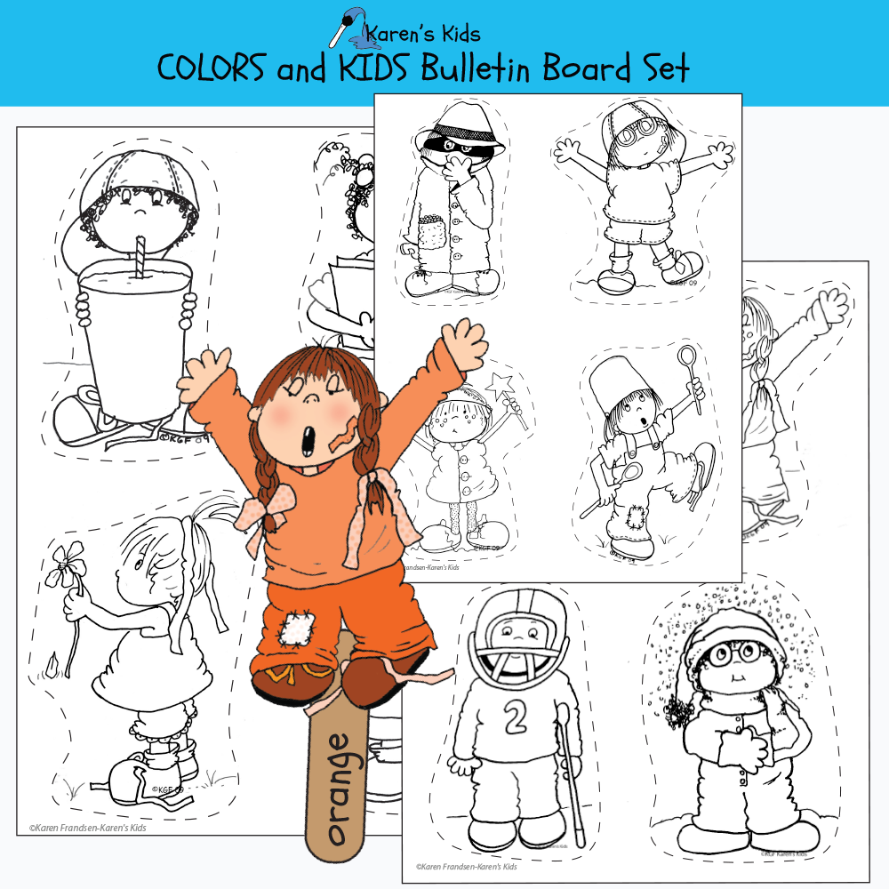 Samples of black, white images for kids to color.  Sample of puppet activity.