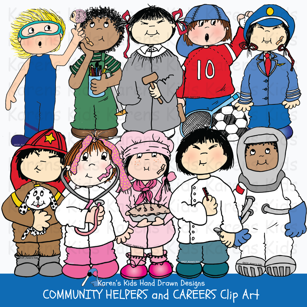 Community helpers clip art, astronaut, dentist illustration, teacher clipart, boy dressed like fighter, girl dressed like police officer, kids dressed like community helpers