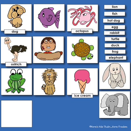 11 colorful images in this "match the picture to the label" activity, including dog, ice cream, elephant and more.