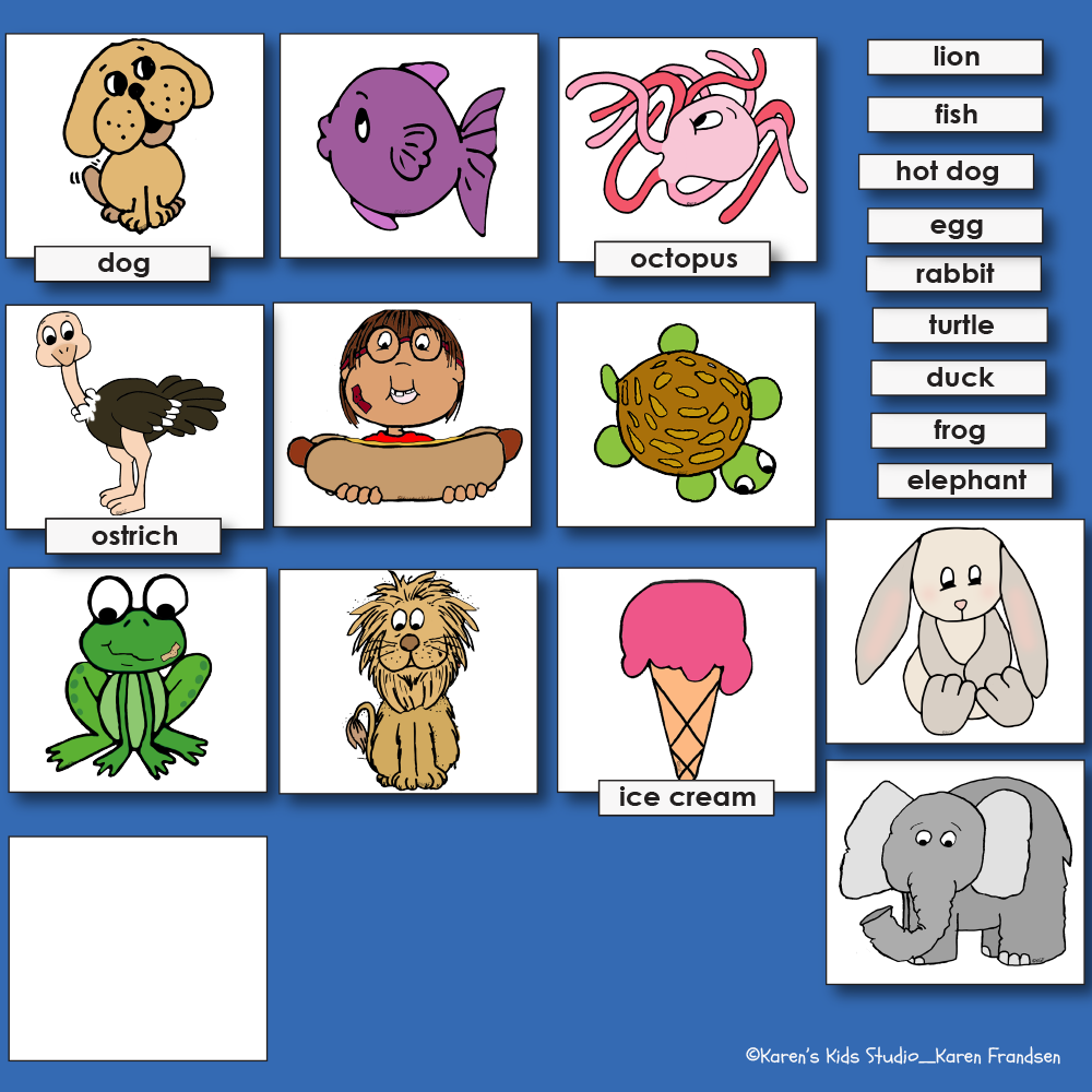 A sample bulletin board with pictures on the left and word cards on the right. Dog and octopus show the word card already placed beneath its picture. 